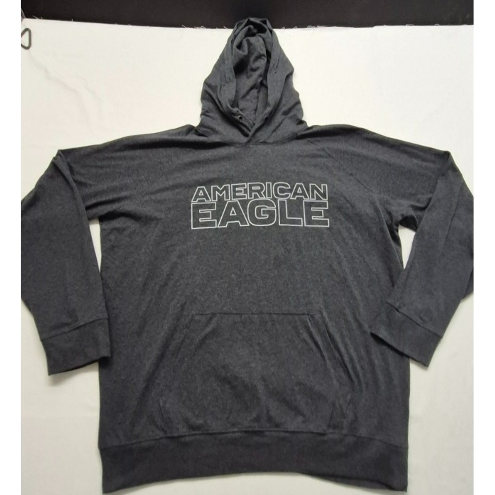 American Eagle men's gray long sleeve hooded pocket white graphic shirt sz. XXL